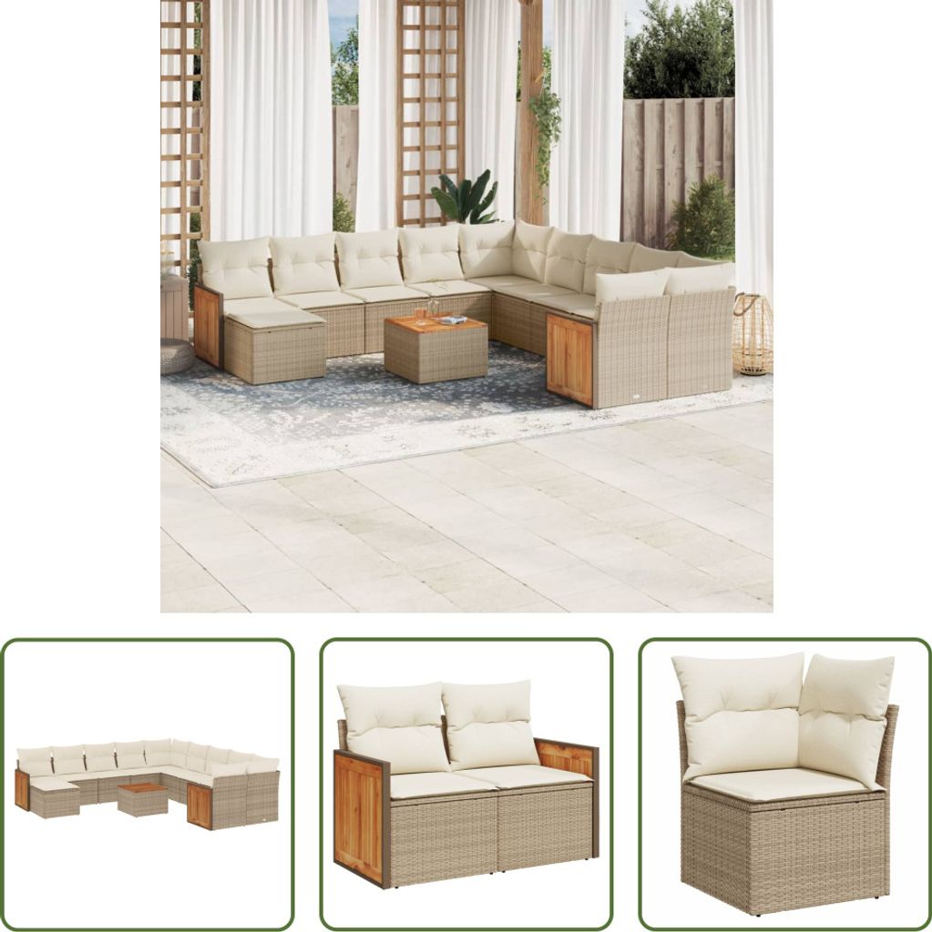 The Living Store 12-tlg. Garten-Sofagarnitur mit Kissen Beige Poly Rattan