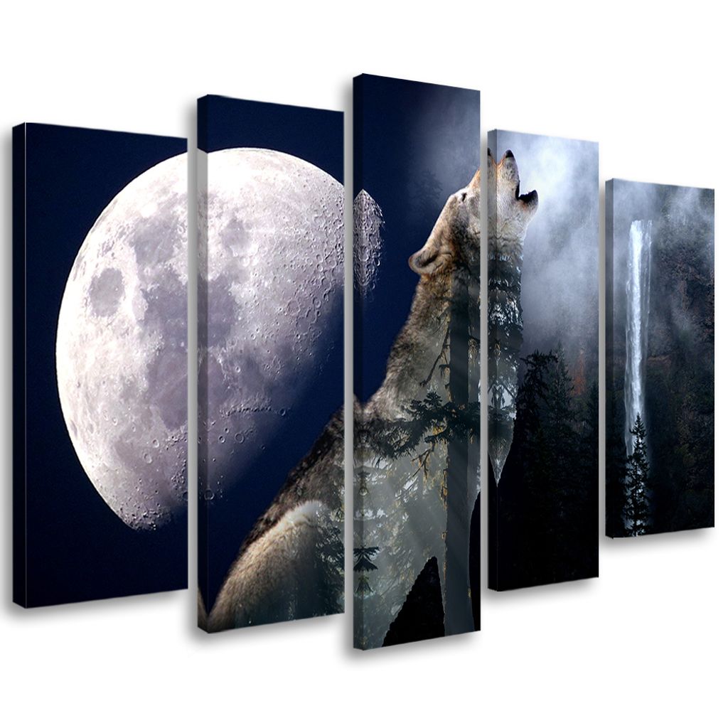 5-teiliges leinwandbild wolf natur mondnebel 200x100 cm Feeby grau wandbild bereit zum aufhängen