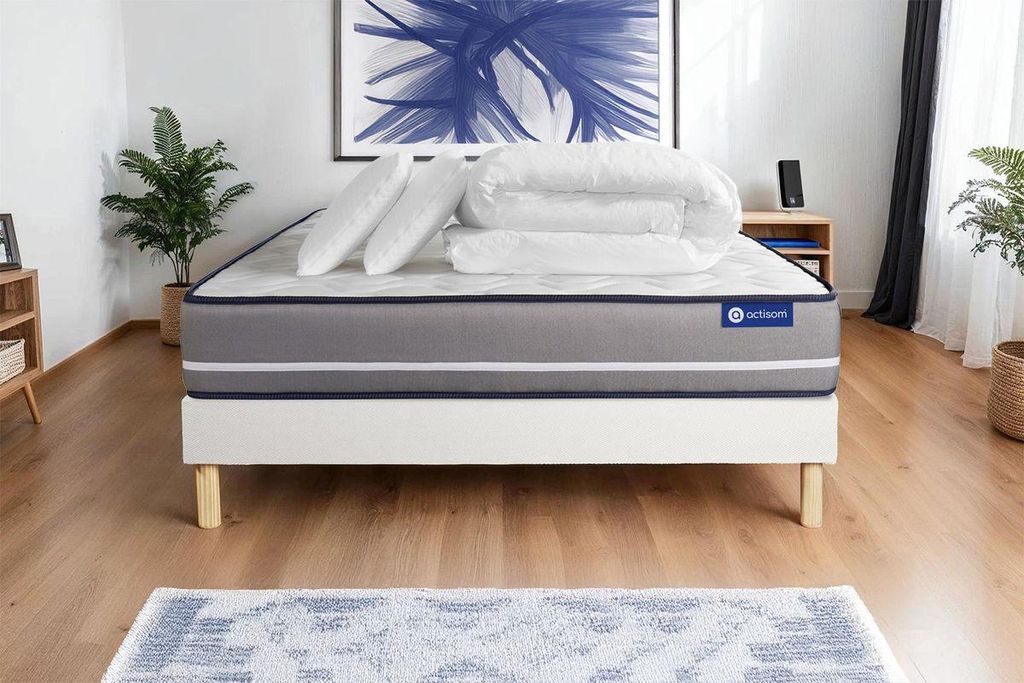 Komplettpaket Bett - Matratze 180x200 cm + Boxspringbett mit Lattenrost (im Set) + 2 Kopfkissen + Bettdecke - Actilatex Pur