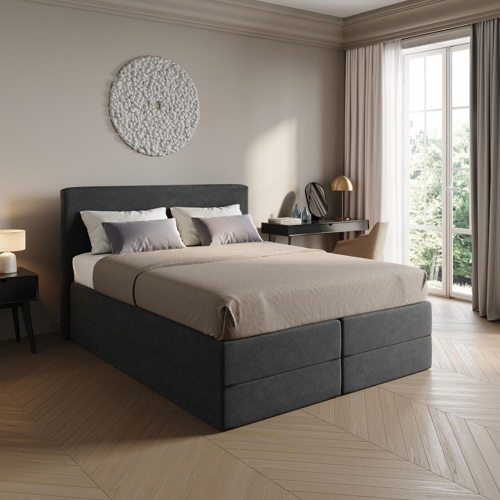 Home Collective Boxspringbett Polsterbett Bett wählbare Matratze Bonnell H2, gepolstertes Kopfteil, Micro-Velours | 180x200 cm | Anthrazit