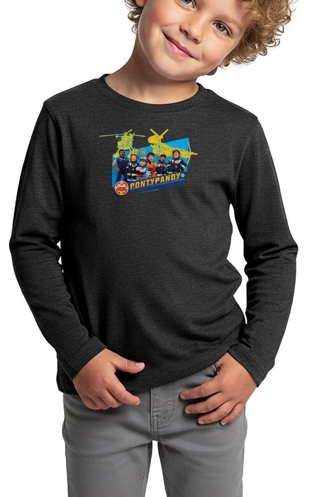 Spreadshirt Feuerwehrmann Sam Pontypandy Air Rescue Kinder Premium Langarmshirt, 134/140 (8 Jahre), Anthrazit meliert