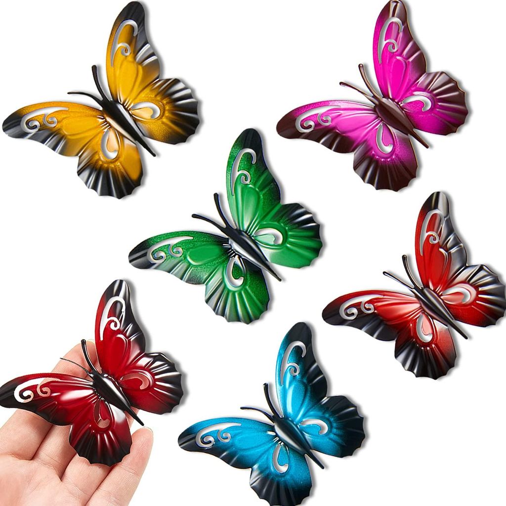 6-teiliges Schmetterlings-Wanddekor aus Metall, Gartendekoration für Zäune, Balkongeländer, Innen- und Außenwände, Hof, Hauswände, 7 x 8,8 cm...