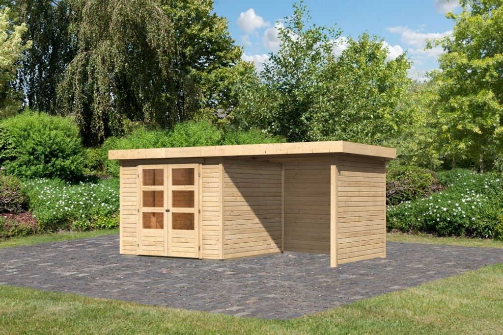 Karibu Gartenhaus Gerätehaus Askola 3,5 im Set mit Anbaudach 2,40 m Breite und 19 mm Seiten- Rückwand naturbelassen 462x246x211 cm