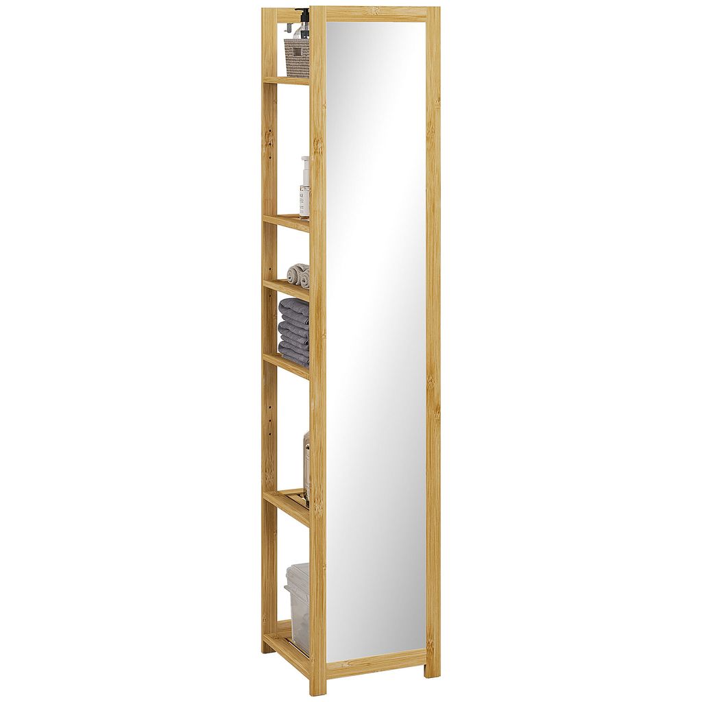 HOMCOM Badezimmer-Säuleneinheit mit Spiegel, Aufbewahrungsregal mit 6 Ablagen, Unterstützung aus natürlichem Bambus, 35 L x 35 B x 168 H cm