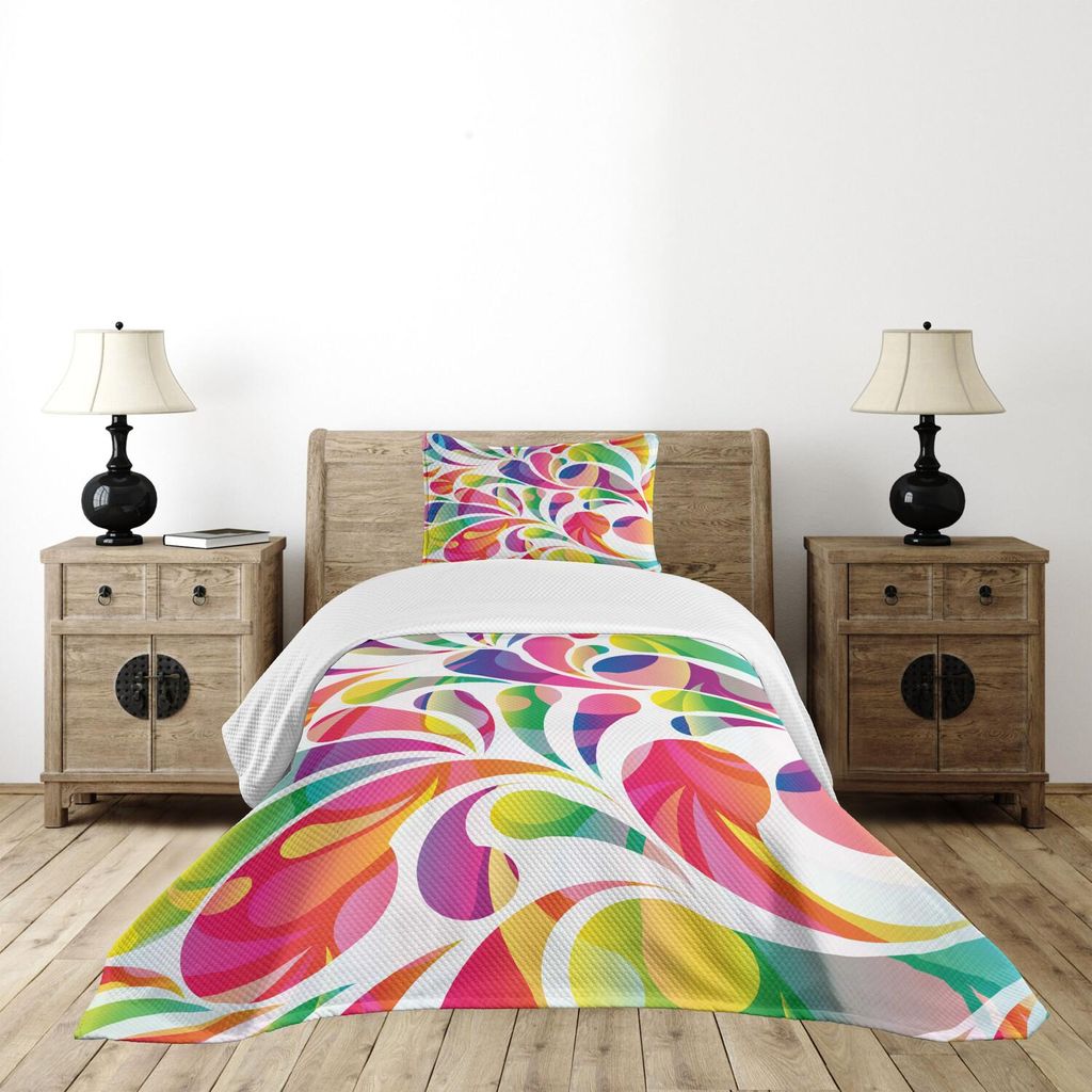 ABAKUHAUS Bunt Tagesdecke Set, Abstrakter Bogen-Tropfen formt Energiezusammensetzung mit vibrierenden Farben Curvy Splatters, 170 x 220 cm, Mehrfarbig