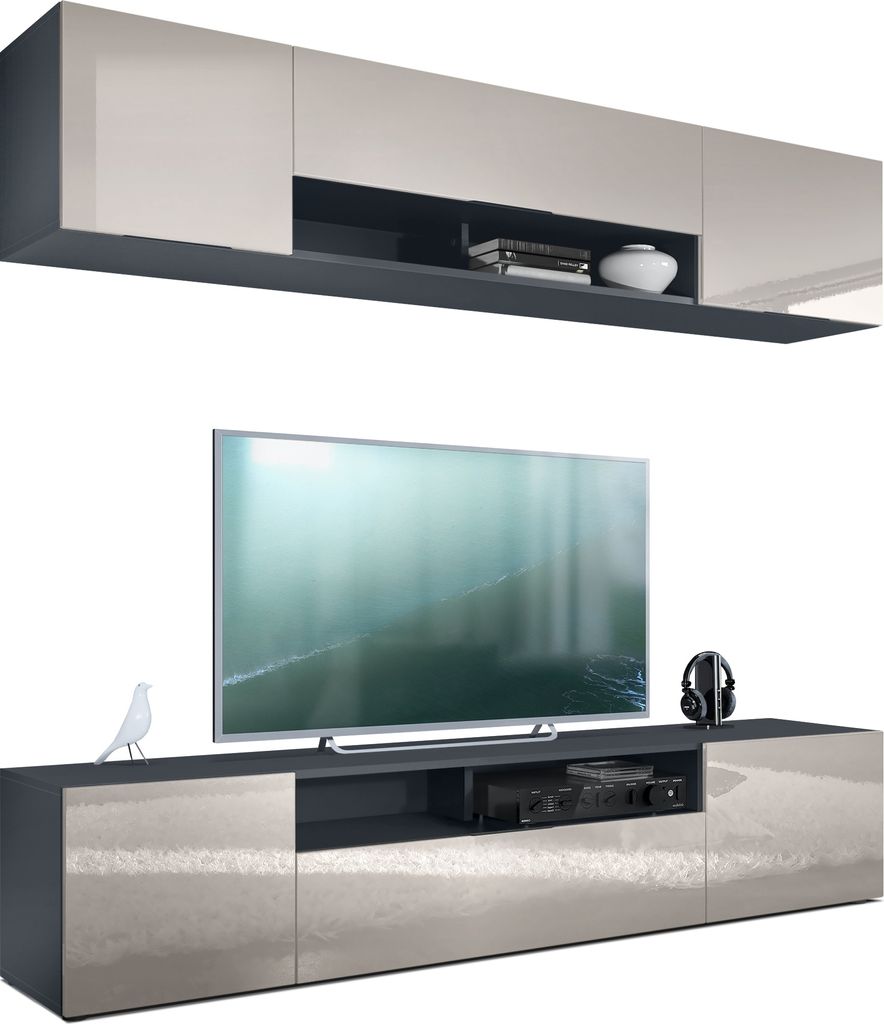 Vladon Wohnwand Mogan mit zwei 181 x 39 x 35 cm Elementen, hängende Wohnzimmer Anbauwand mit 12 Fächern, Korpus in Anthrazit matt, Fronten in San...