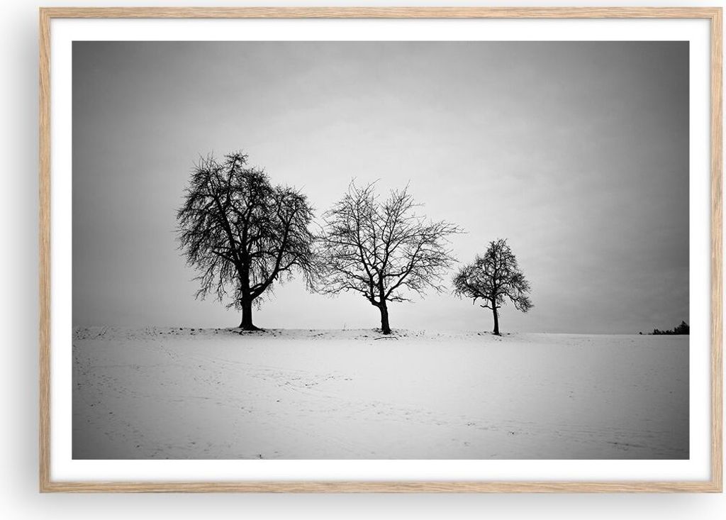 Gerahmtes Poster - Rahmen in heller Eiche - Winter Bäume Schnee - 100x70 cm - Wand Bild - Wanddeko - Wandbilder - Kunstposter - Wandposter - Bilde...