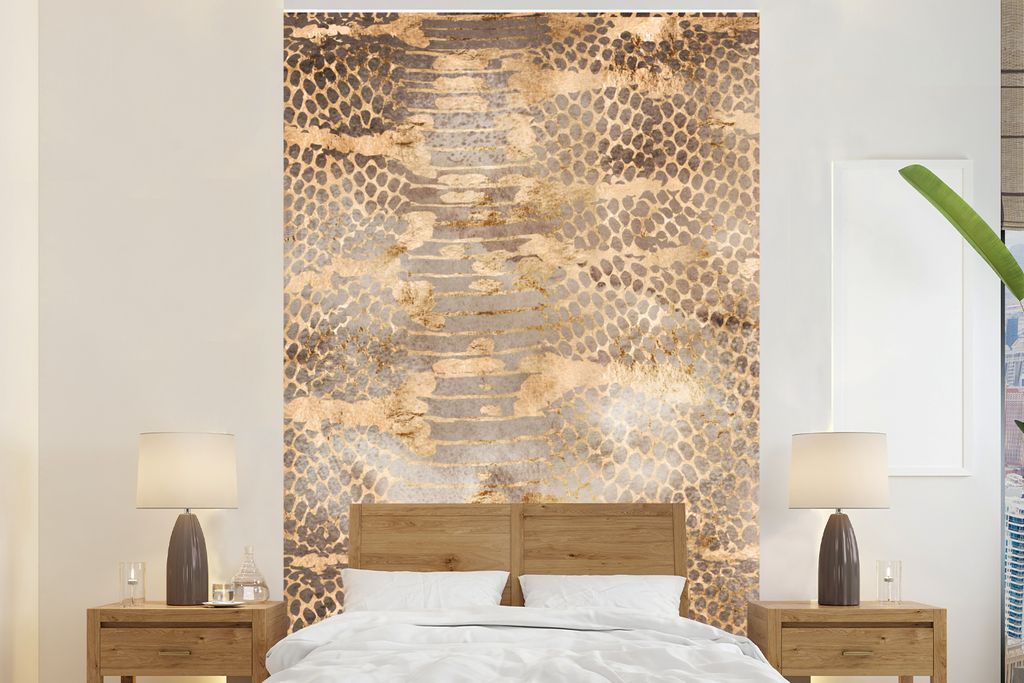 MuchoWow Fototapete für Wohnzimmer oder Schlafzimmer Wandtapete Vinyl Motivtapete Tiermuster - Schlange - Gold - Braun - 180x280 cm - Wallpaper