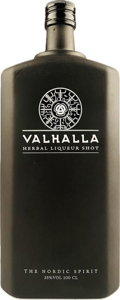 A black bottle of Valhalla Herbal Liqueur.