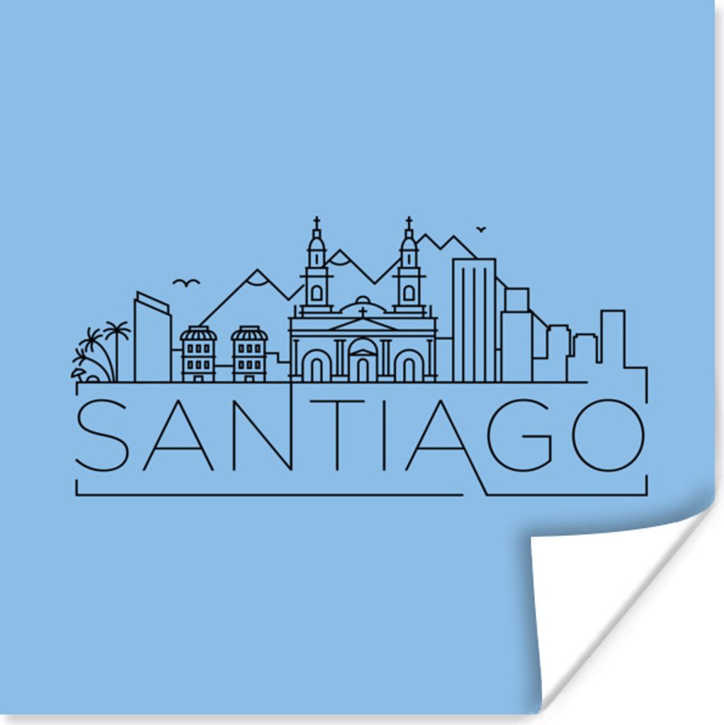 MuchoWow Poster Skyline "Santiago" schwarz auf blau 50x50 cm - Wohnzimmerdekoration