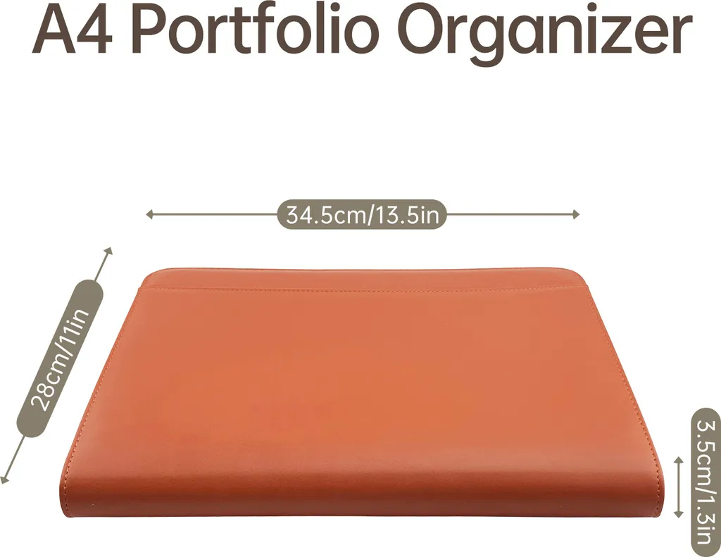 Porte-documents A4 zippé en cuir PU marron pour entretien et bureau