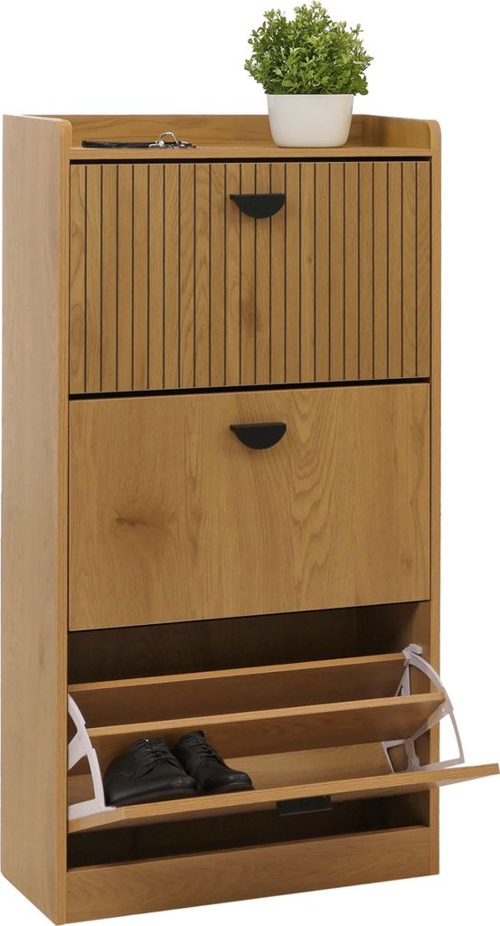 Schuhschrank MCW-O39, Schuhkipper Schuhregal 3 Klappen Klappfächer MDF Melamin Metall 117x60x24cm natur