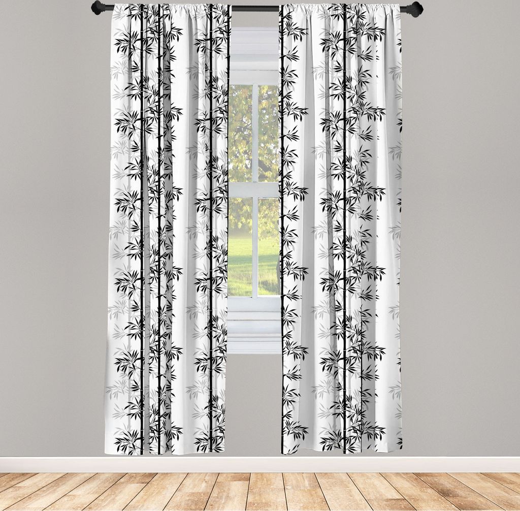 ABAKUHAUS Baum des Lebens Vorhänge, Gardinen, Monochrom Silhouette Japanischer Baum mit Blätter Muster, 2 Stück 75 x 225 cm, , Weiß schwarz