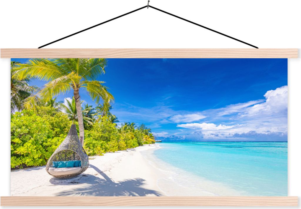 MuchoWow Textilposter Strand - Palme - Hängesessel 120x60 cm mit holzfarbenen Rahmen - Klemmleiste