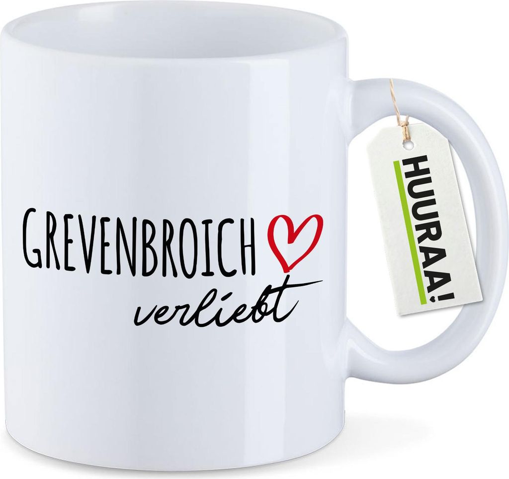 Huuraa Kaffeetasse Grevenbroich verliebt 330ml Weiß Keramik Kaffeebecher Geschenkidee