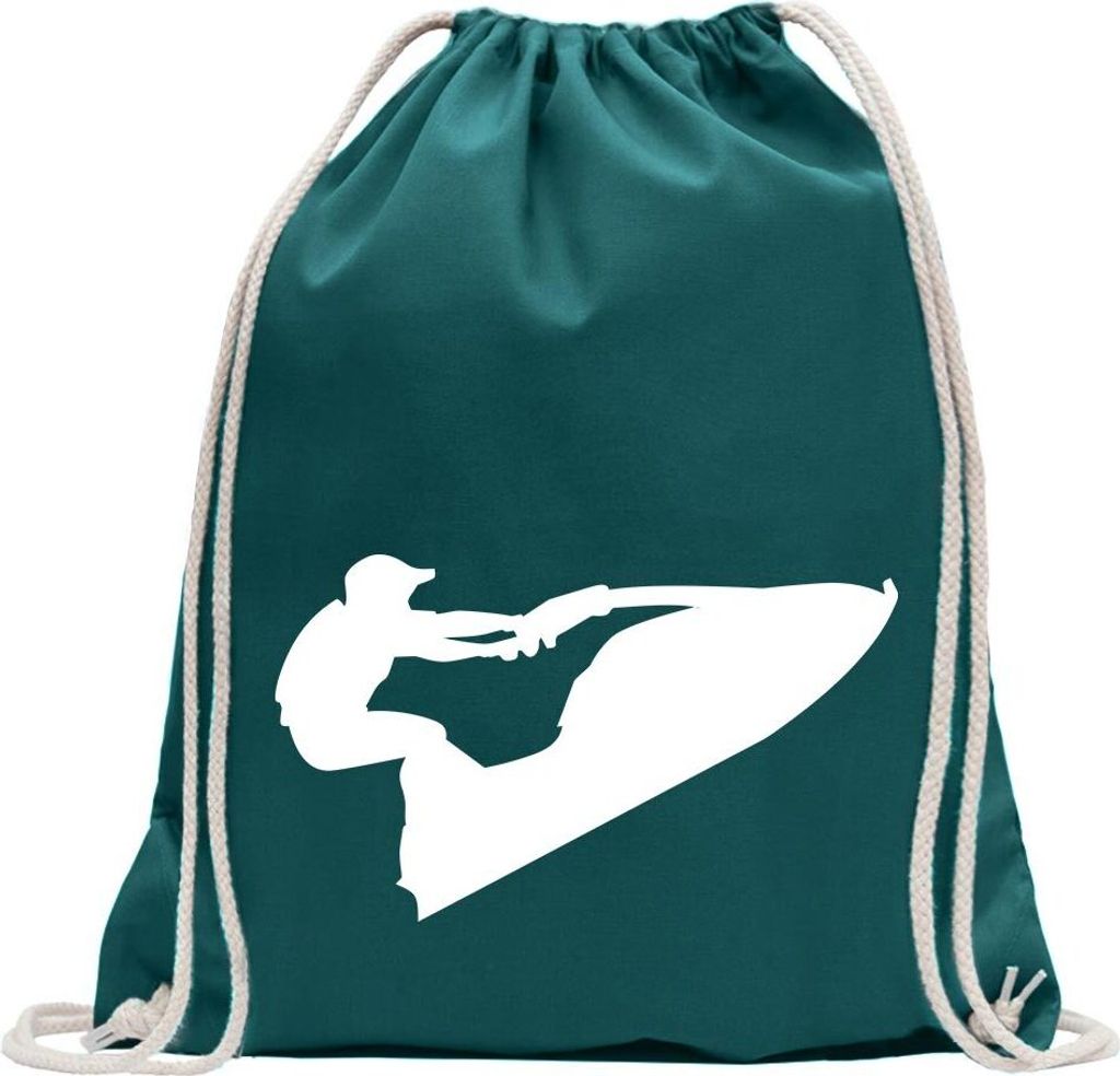 Kiwistar - Turnbeutel - petrol - Jet-Ski Jetboot Fahrer Figur - Fun Rucksack Sport Beutel Gymsack Baumwolle mit Ziehgurt