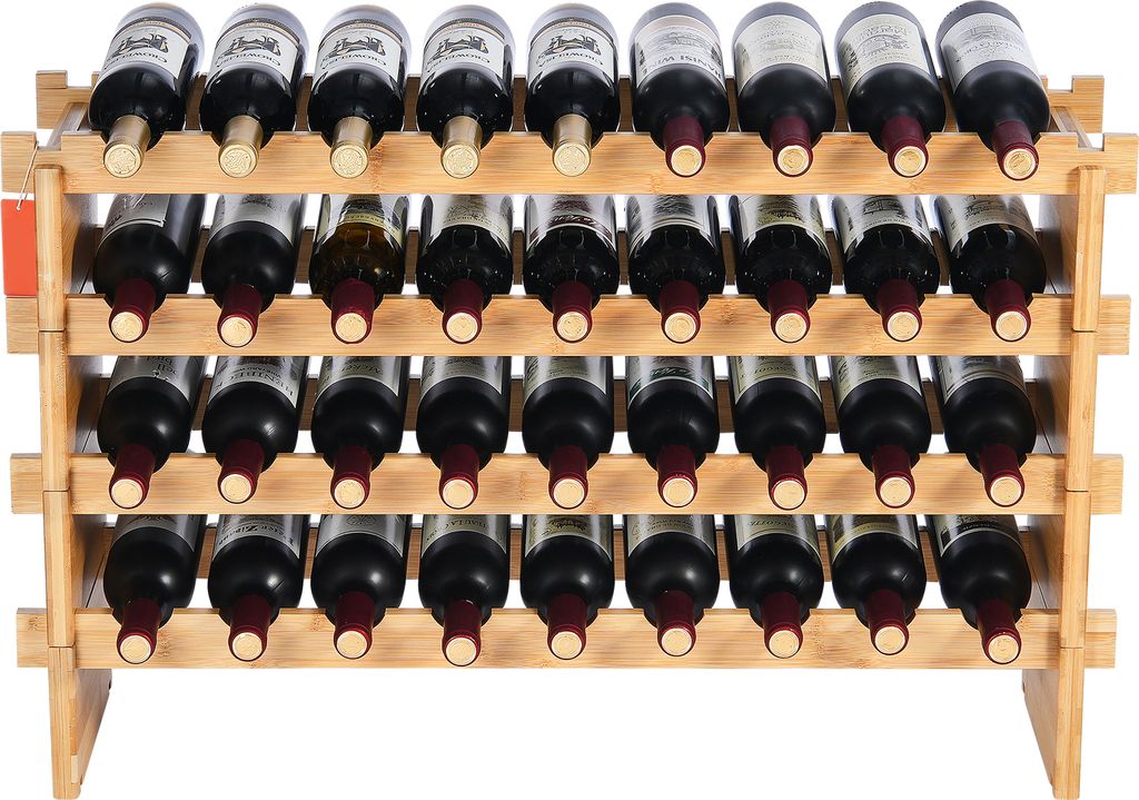 SucceBuy 36 Flaschen 4-stöckiges stapelbares modulares Weinregal, naturfarben. Dieses freistehende Regal aus massivem Bambusholz bietet stabile Au...