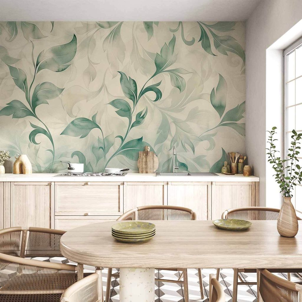 Vlies Fototapete - Watercolor Botanical Motif Delicate Green-Beige Leaves 250x175 cm Muster f-H-10016-a-a