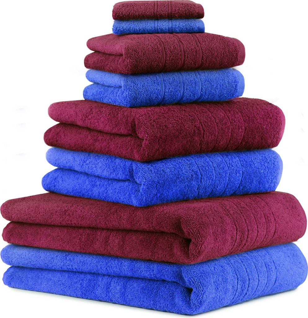 Betz 8-tlg. Handtuch-Set DELUXE 2 Badetücher 2 Duschtücher 2 Handtücher 2 Seiftücher 100% Baumwolle Farbe: pflaume und blau