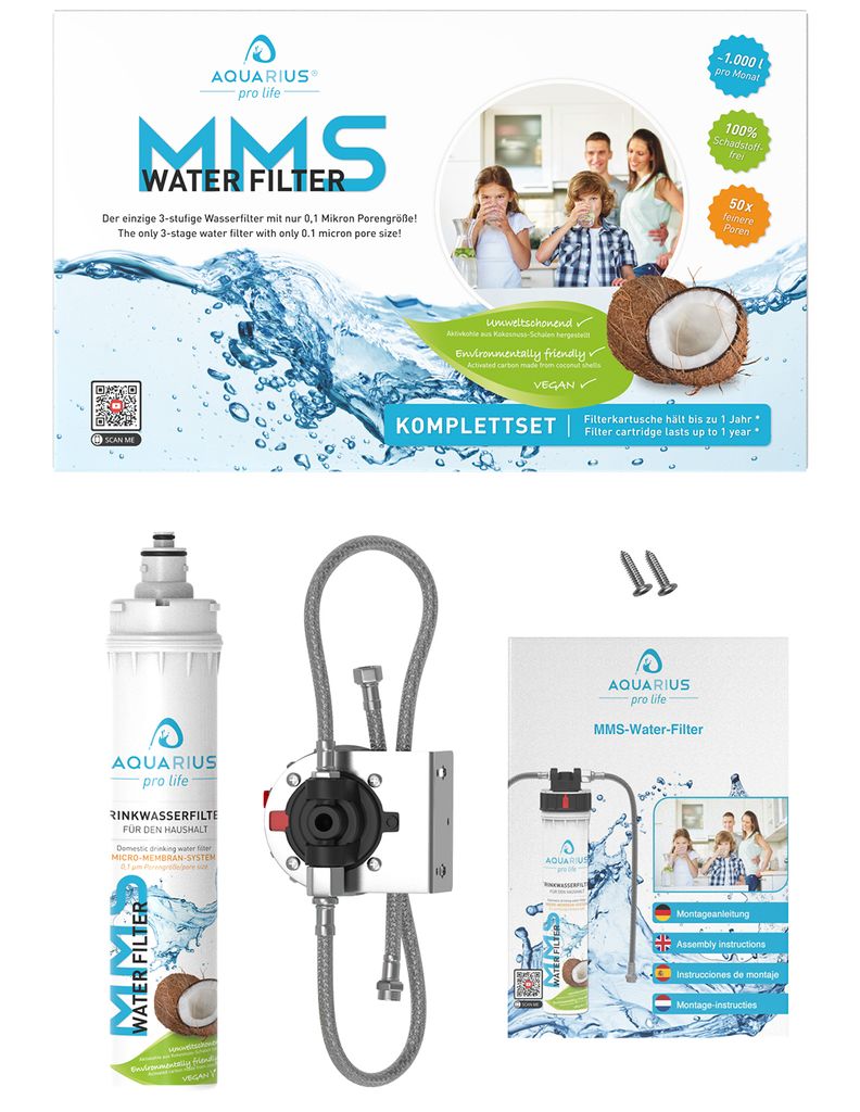 Collage showing a water filter product with packaging and accessories.