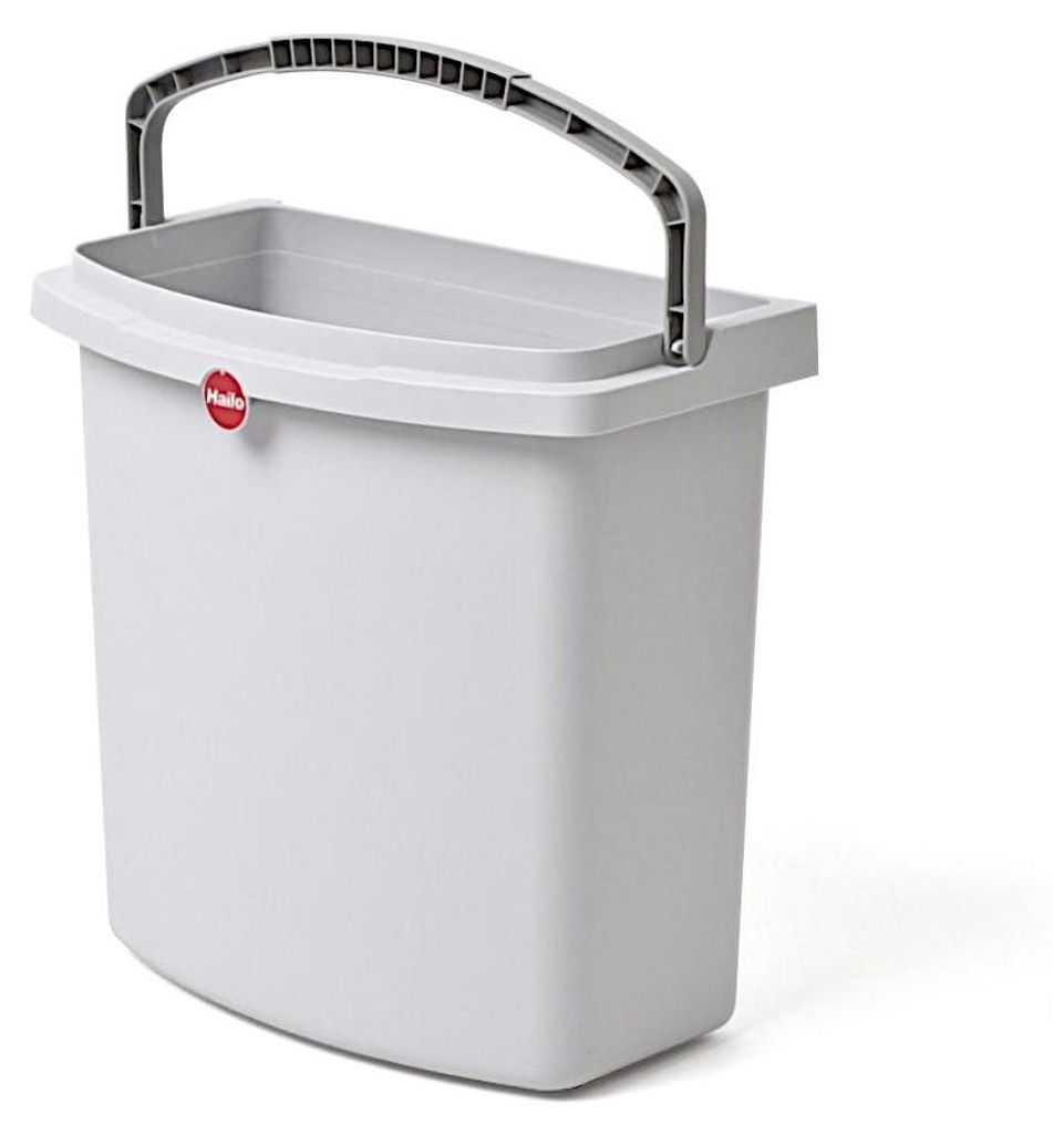 A white multifunctional bucket with a gray handle and a red and white logo on the front.