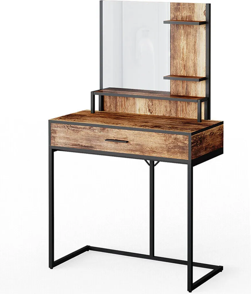 Coiffeuse Fyrk 80 cm style industriel chêne et noir pour chambre moderne
