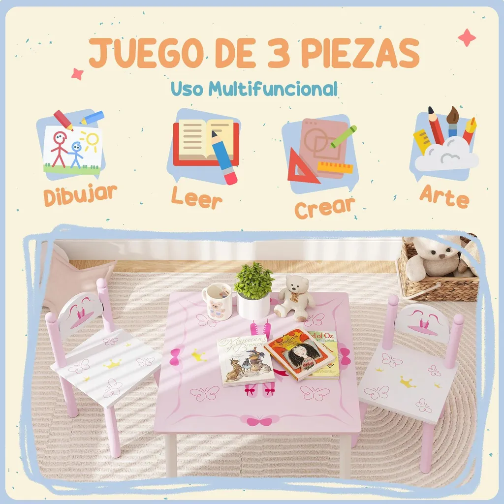 Table d'activités avec chaises pour fille 2-5 ans rose et blanc - 4