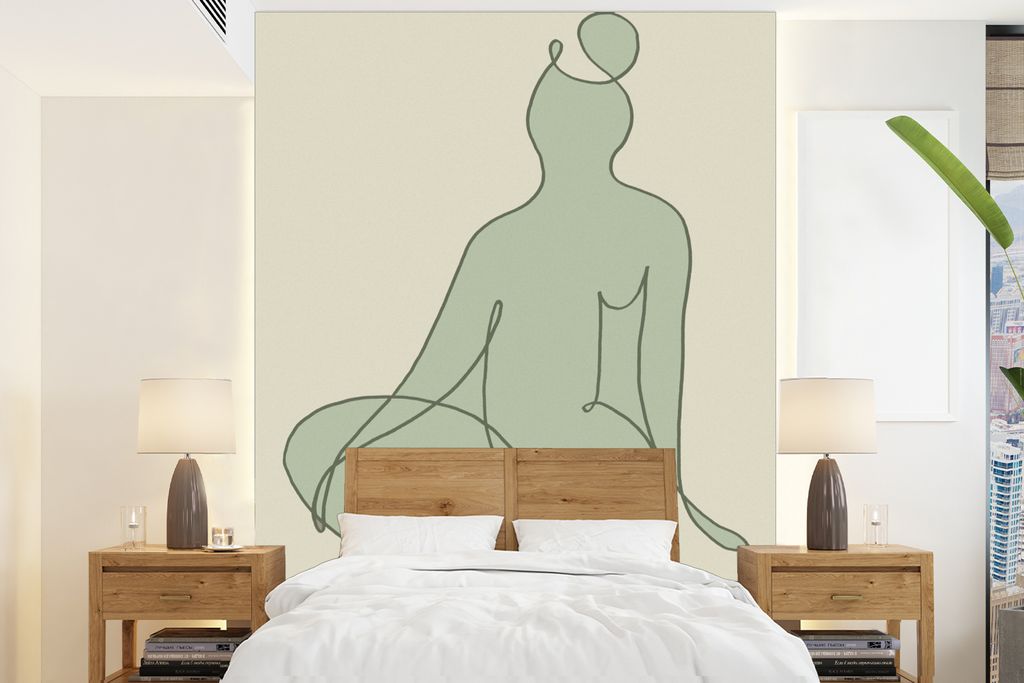 MuchoWow Fototapete für Wohnzimmer oder Schlafzimmer Wandtapete Vinyl Motivtapete Frau - Grün - Linienkunst - Abstrakt - 165x220 cm - Wanddekor...