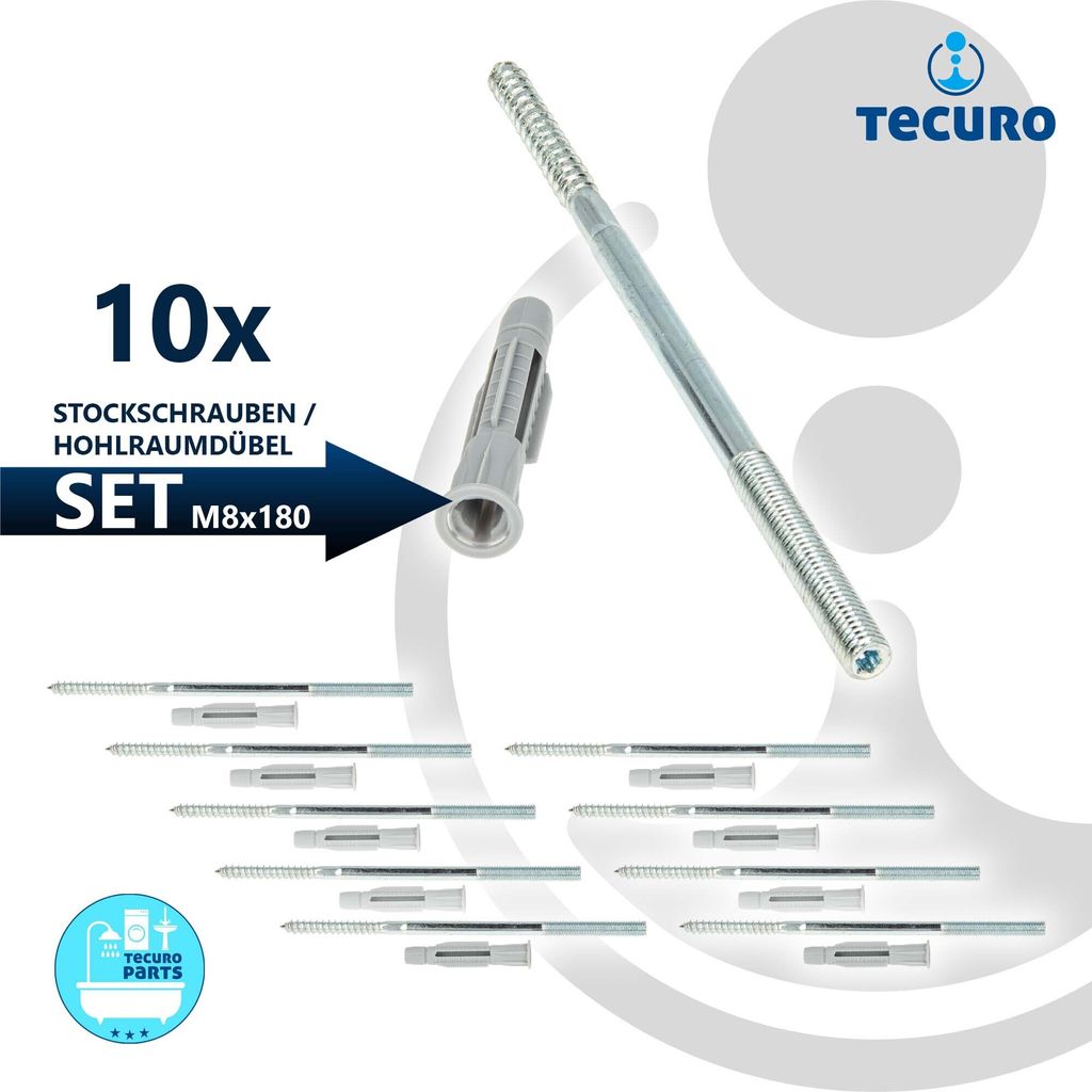 tecuro Stockschraube M 8 x 180mm, Stahl verzinkt mit Dübel 10,0 x 60mm - VPE 10 Stück