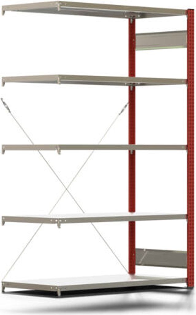 Fachbodenregal mit Tiefenriegel - 250 kg - 2.000 x 1.285 x 600 mm (HxBxT) - Anbauregal - Rahmen feuerrot - Böden verzinkt - Steckregal