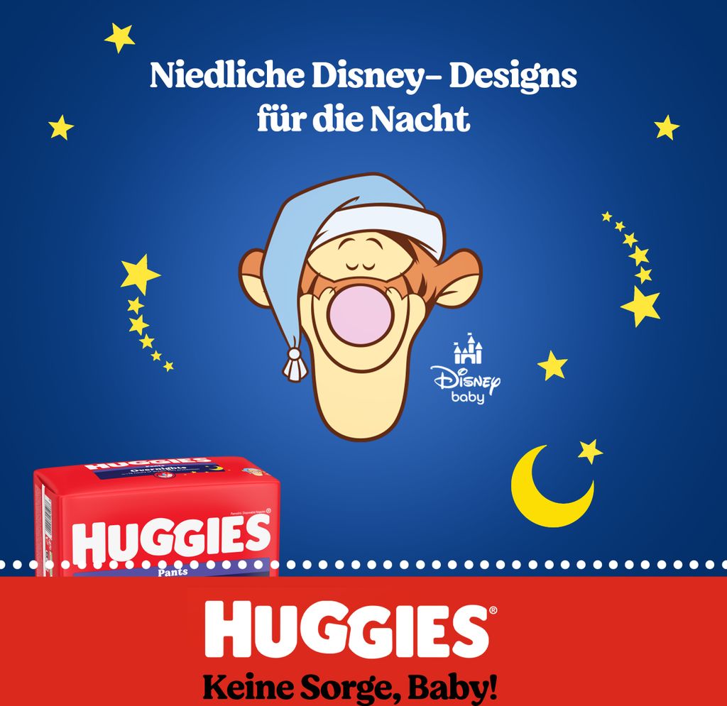 A marketing image for Huggies diapers featuring Disney characters and stars on a blue background.