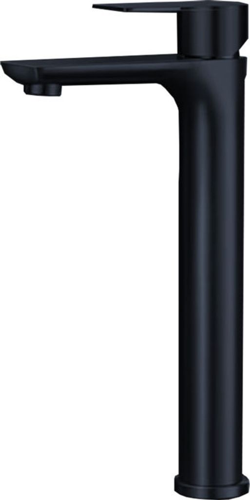 A black bathroom faucet on a white background.