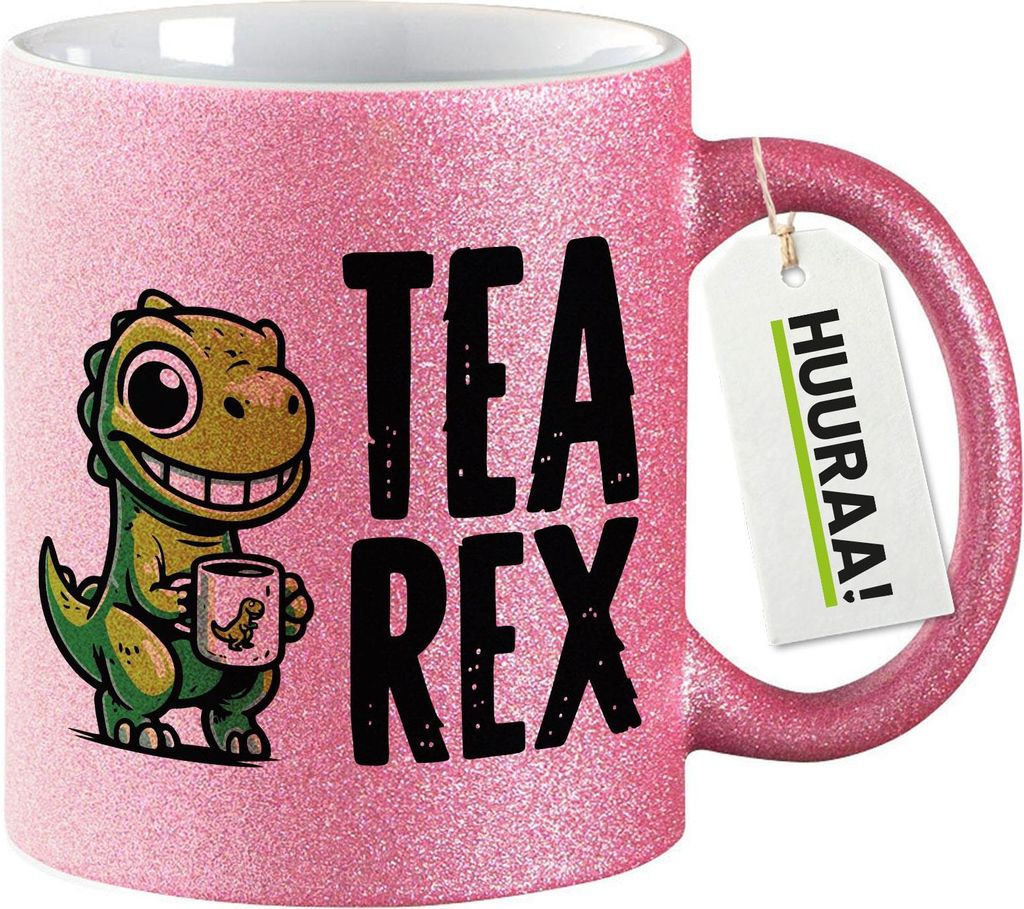 Huuraa Glitzertasse Tea Rex Dinosaurier 330ml Pink Keramik Kaffeebecher Geschenkidee