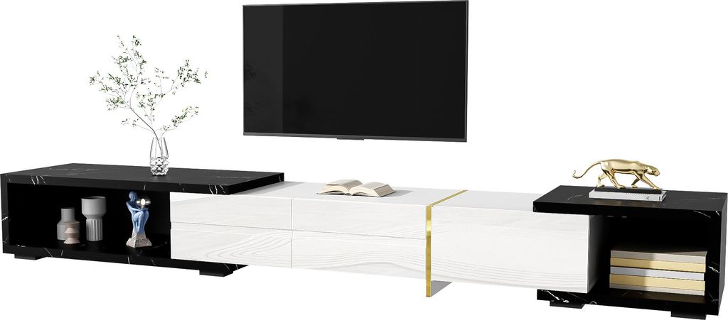 Fortuna Lai TV-Schrank mit verstellbarer Länge (140–260 cm) – 3 Klapptüren – schwarzer Marmor-Look – Weiß & Schwarz