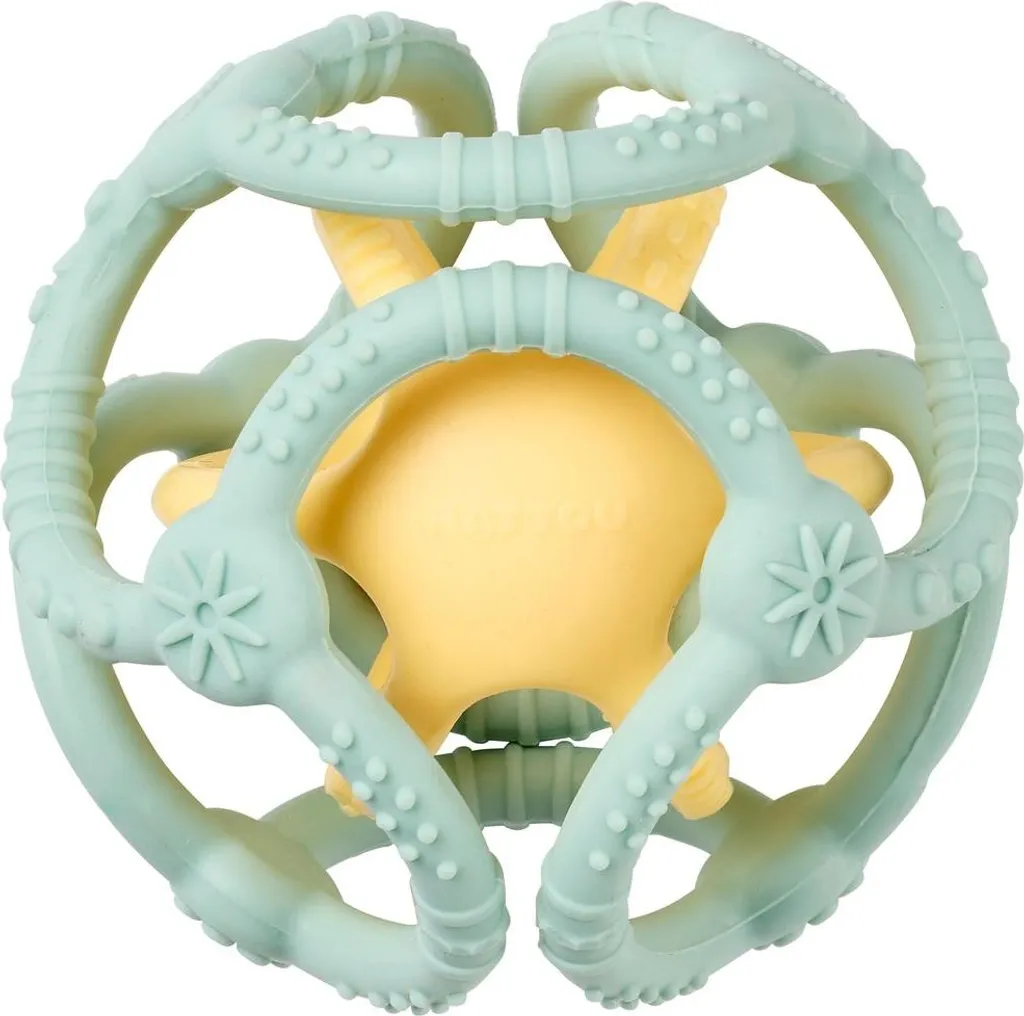 Balle de dentition et hochet en silicone souple vert aqua et jaune