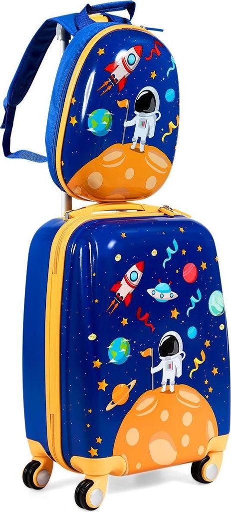 2tlg. Kinderkoffer + Rucksack aus Kunststoff Kindertrolley Kindergepäck Astronauten