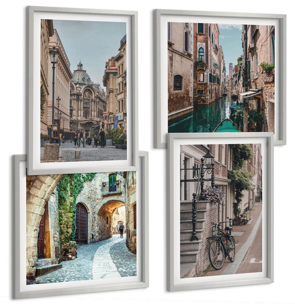 Bilder Set 4-teilig im silbergerahmten Rahmen – Wandbilder 4 Stück – gerahmte Poster für Wohnzimmer, Schlafzimmer und Flur – 50x50 cm - 40x...