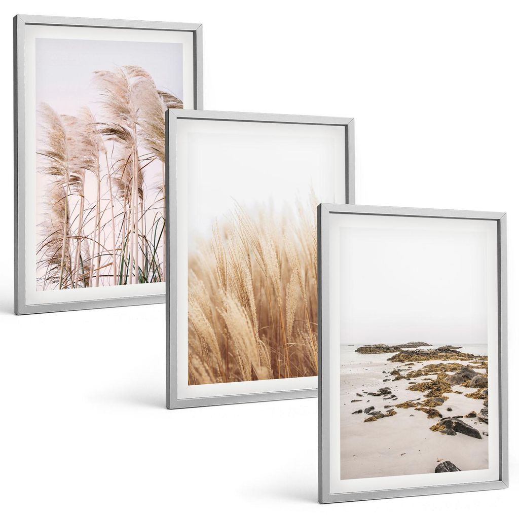 Bilder Set 3-teilig im silbergerahmten Rahmen – Wandbilder 3 Stück – gerahmte Poster für Wohnzimmer, Schlafzimmer und Flur – 40x60 cm – P...