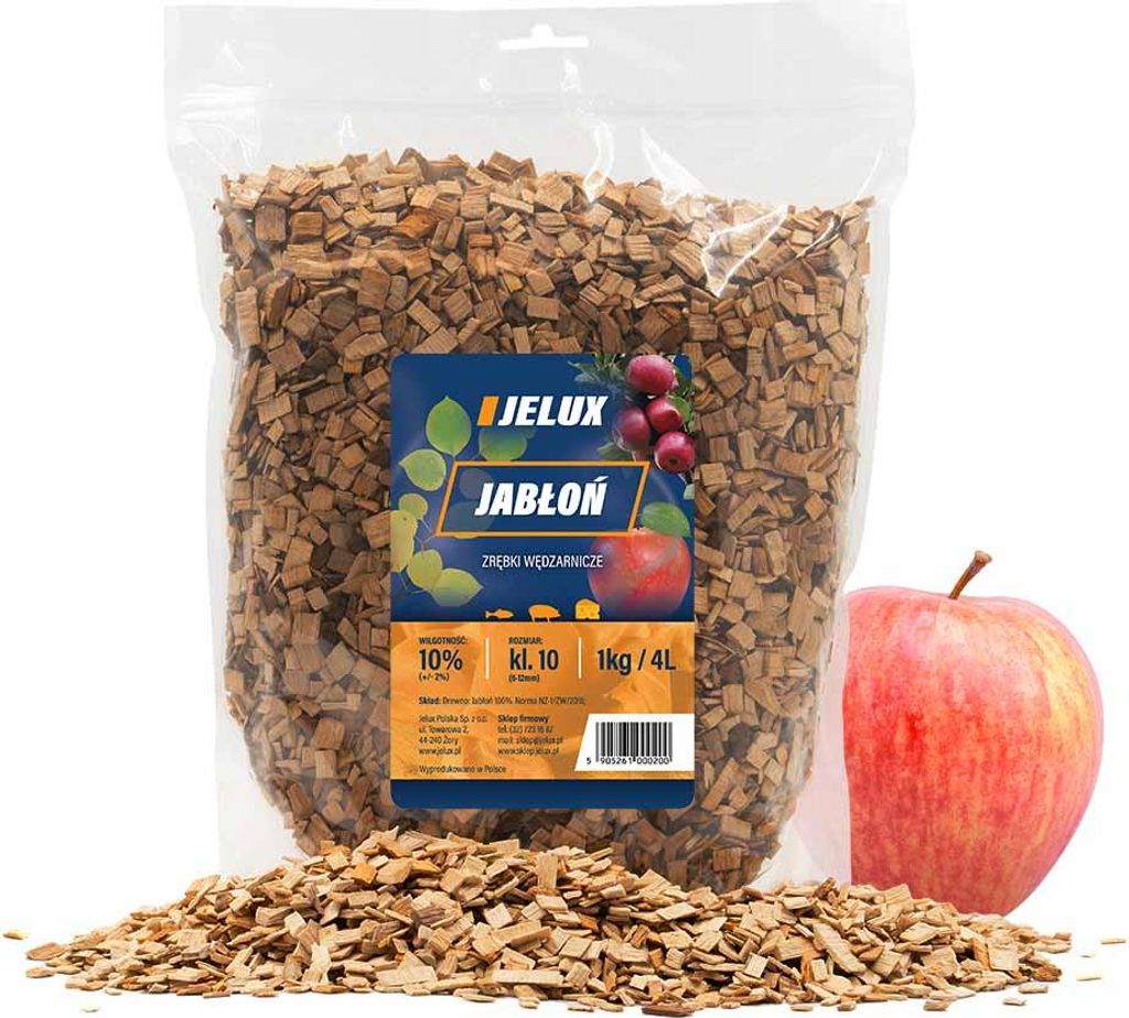 A bag of wood chips for smoking, with an apple and some leaves on the label, and a real apple next to it.