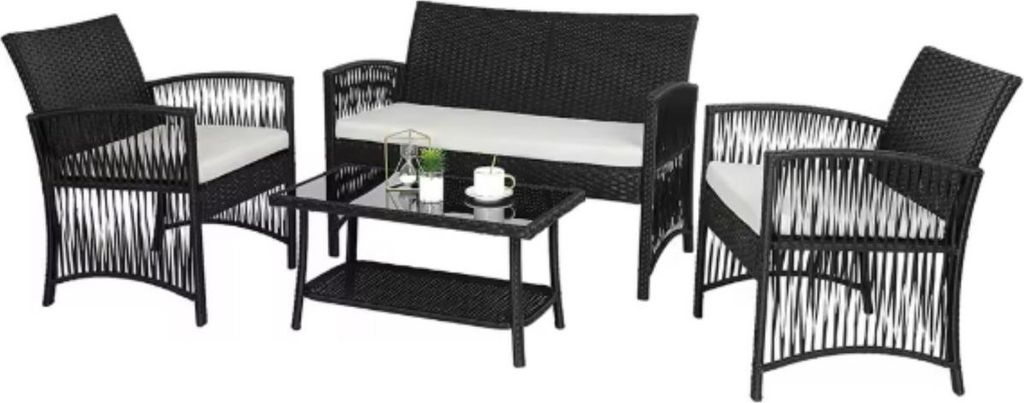 Rotan Loungeset 4-teilig – Gartenmöbel für Balkon & Terrasse – Rattan-Sofa Set mit Kissen und Glastisch – Schwarz – PE-Rattan & Stahl