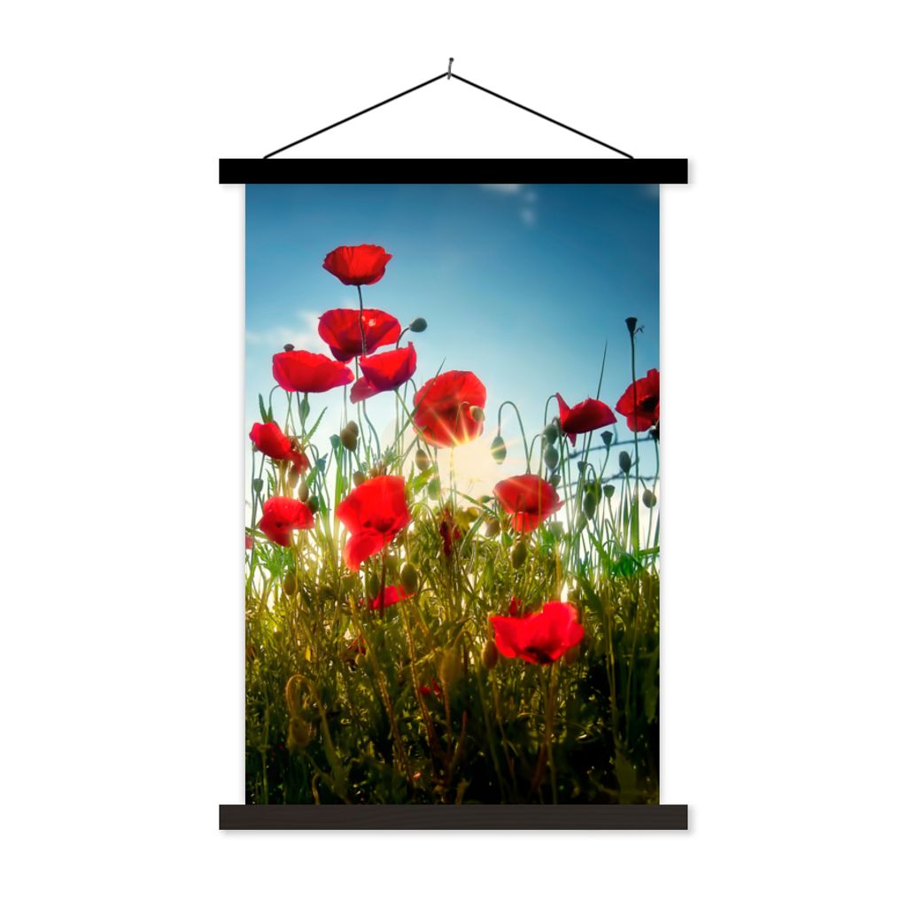 MuchoWow Textilposter Mohnblumen - Toskana - Sonne - Rot - Blau 120x180 cm mit schwarzem Rahmen - Fotos