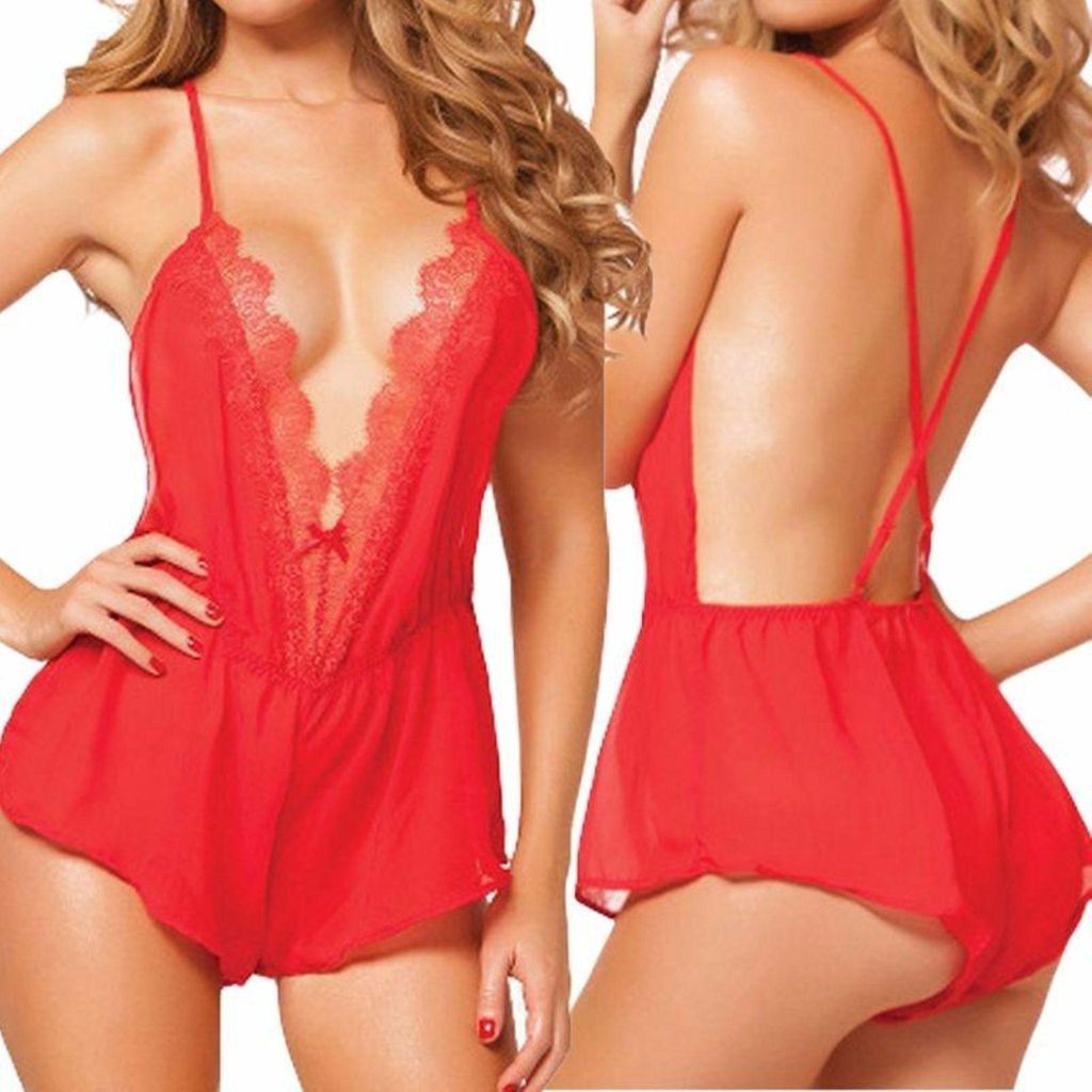 Unterwäsche-Set - Damen - Satin-Nachthemd - Spitze - Unterrock mit Slip - Rot