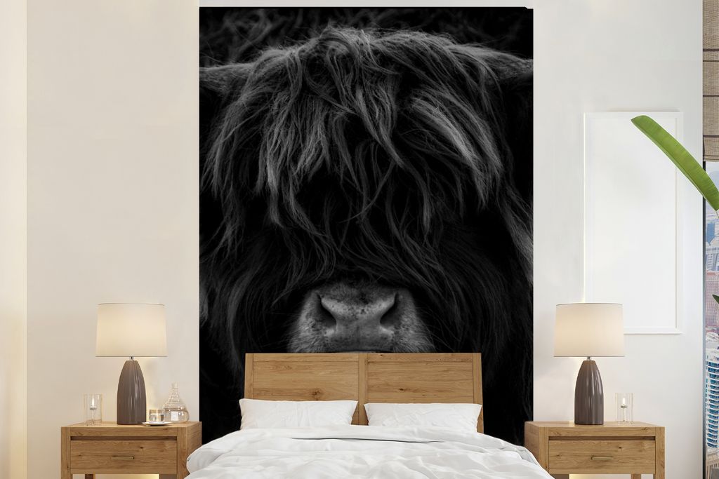 MuchoWow Fototapete für Wohnzimmer oder Schlafzimmer Wandtapete Vinyl Motivtapete Schottischer Highlander - Kuh - Schwarz - Weiß - Porträt - 2...