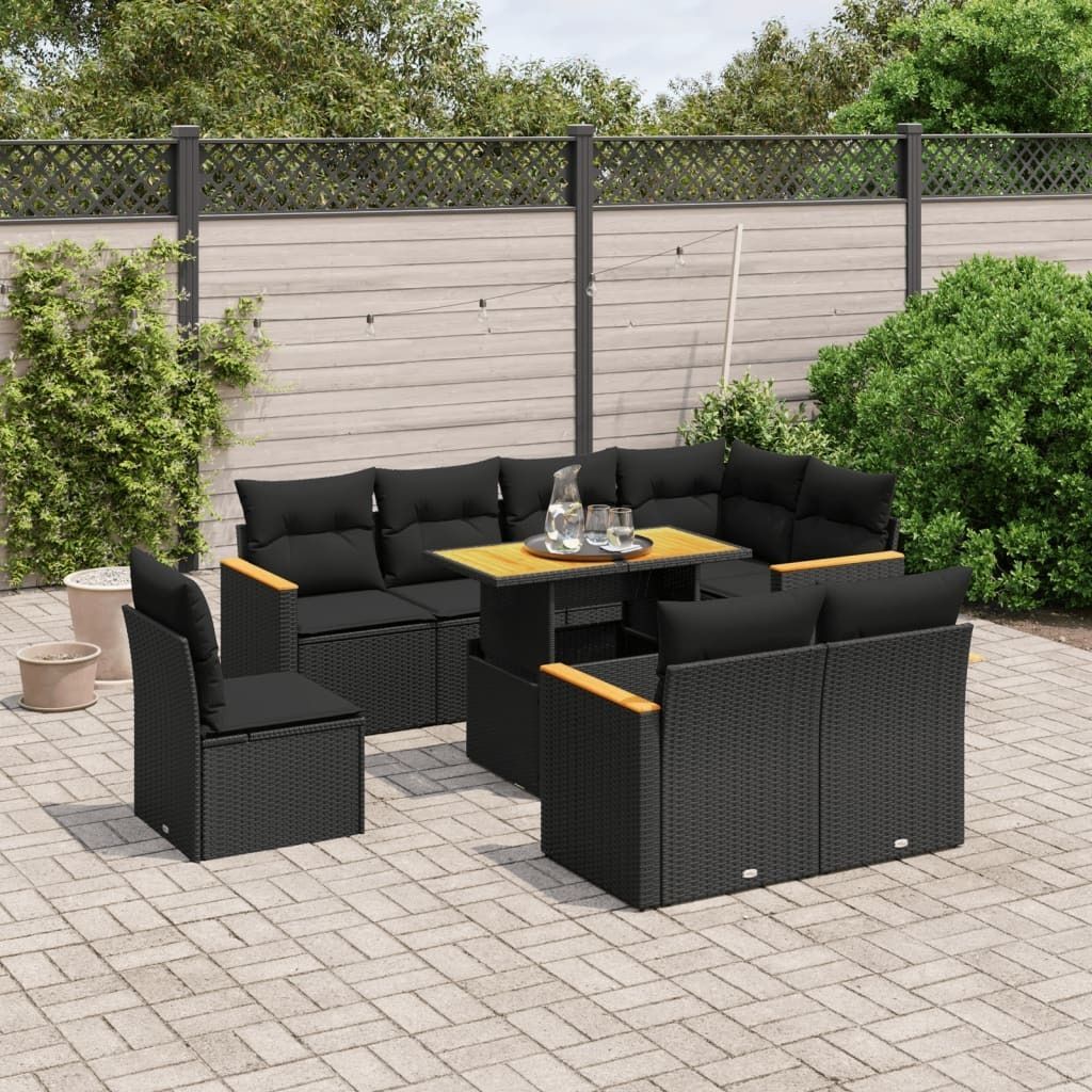 9-tlg. Garten-Sofagarnitur - mit Kissen Schwarz Poly Rattan - Gartenmöbelset 3273169