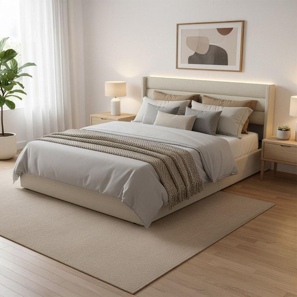 HOME DELUXE LED Bett – 160 x 200 cm, Beige | Polsterbett mit Beleuchtung und Stauraum