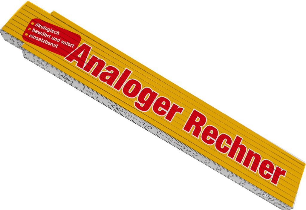 Analoger Rechner Meterstab aus Holz in Gelb-Rot zum Thema Vermessung