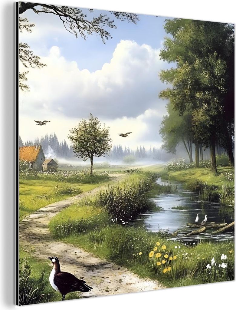 MuchoWow Wanddekoration Metall Metallbild Wandkunst 90x90 cm Sandiger Weg - Grüne Landschaft - Wasser MuchoWow Aluminium Gemälde - Dekoration - I...