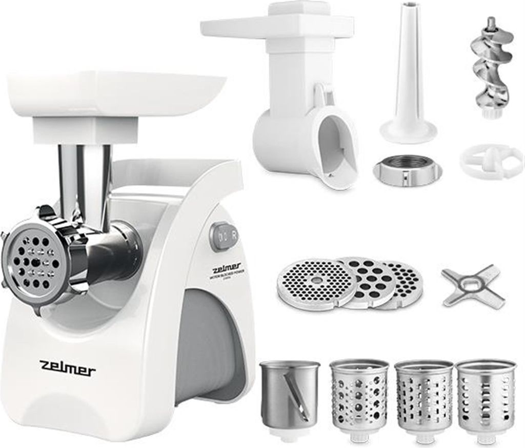 A white and silver meat grinder with various attachments, laid out on a white background.