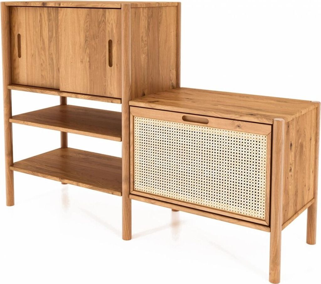 Bücherregal Zola Wildeiche massiv und Rattan 148x106 cm mit 3 Türen 2 Fächern