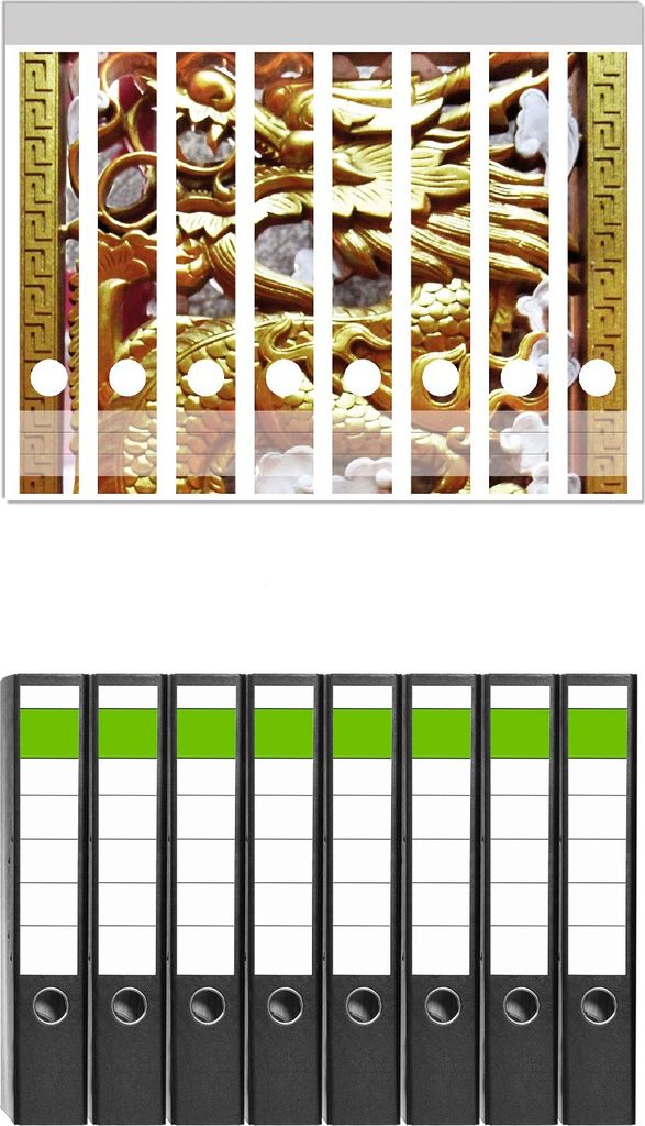 Wallario 8 Stück schmale Ordner inkl. Klebeetiketten mit Motive Traditionelle chinesische Holzarbeit mit Drachen in rot und gold - Set mit Rücke...